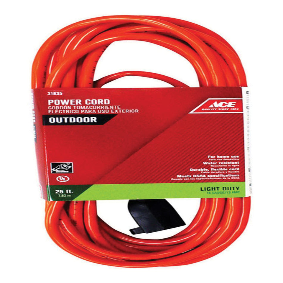 ACE® OU163JTW025OG Extension Cord, 125 V, SJTW Conductor, 16/3 AWG Conductor, 25 ft L