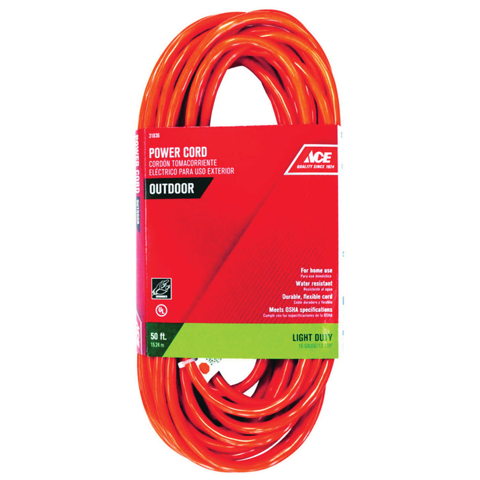 ACE® OU163JTW050OG Extension Cord, 125 V, SJTW Conductor, 16/3 AWG Conductor, 50 ft L