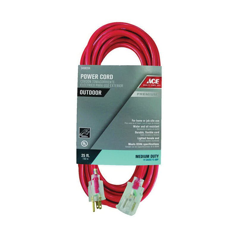 ACE® OU-JTO14-025-RD Extension Cord, 125 V, SJTOW Conductor, 14/3 AWG Conductor, 25 ft L