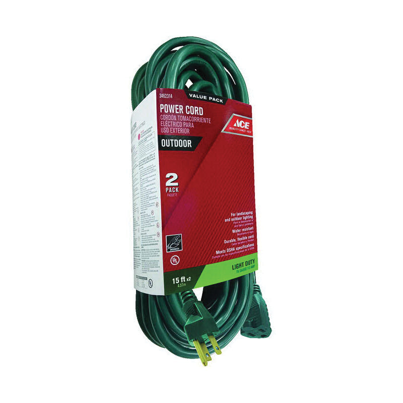 ACE® OU-SJT163-015-G Extension Cord Combo Set, 125 V, SJTW Conductor, 16/3 AWG Conductor, 15 ft L