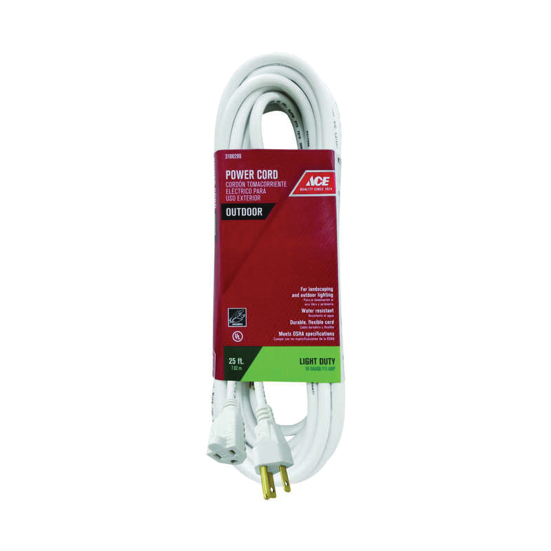 ACE® OUSJT163025WH Extension Cord, 125 V, SJTWA Conductor, 16/3 AWG Conductor, 25 ft L