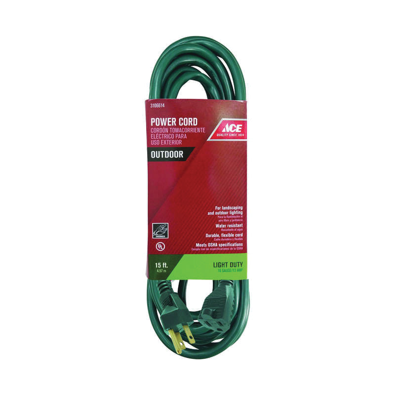 ACE® OU-SJT163-10-GR Extension Cord, 125 V, SJTW Conductor, 16/3 AWG Conductor, 15 ft L