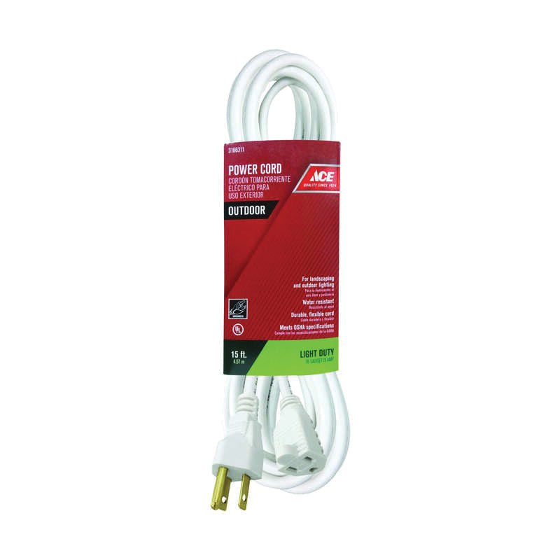 ACE® OU-SJT163-WH Extension Cord, 125 V, SJTW Conductor, 16/3 AWG Conductor, 15 ft L