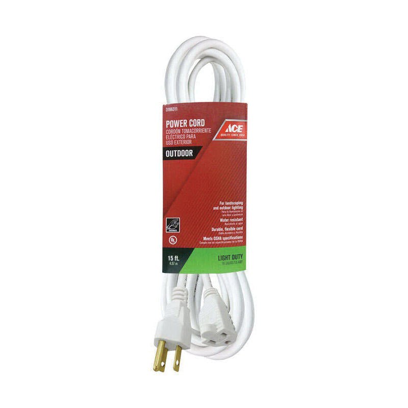 ACE® OU-SJT163-WH Extension Cord, 125 V, SJTW Conductor, 16/3 AWG Conductor, 15 ft L