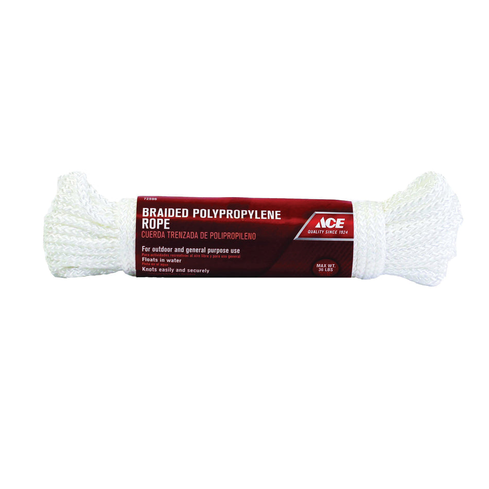 ACE® P6212H0050AC Rope, 3/16 in Dia, 50 ft L, 36 lb Load, Poly, White