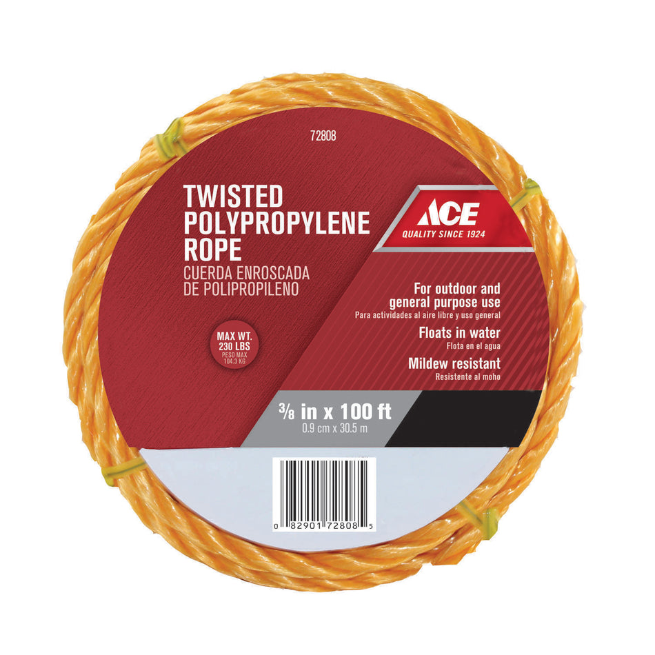 ACE® P9024C100Y01AC3 Rope, 3/8 in Dia, 100 ft L, 230 lb Load, Poly, Yellow