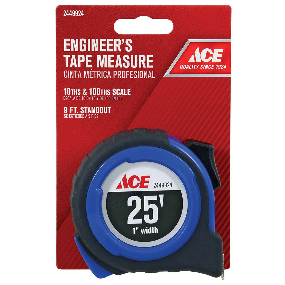 ACE® UB7525E Engineers Tape Measure With Belt Clip, 25 ft L Blade, Self-Lock Locking, Black Case