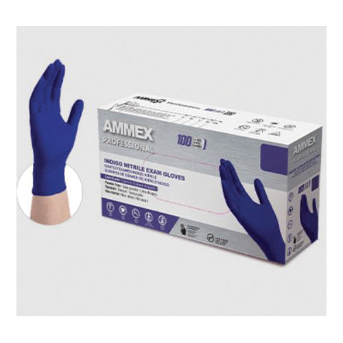 AMMEX® PROFESSIONAL AINPF42100 Disposable Gloves, S, 12.36 in L, Beaded Cuff, Nitrile Glove, Indigo Glove