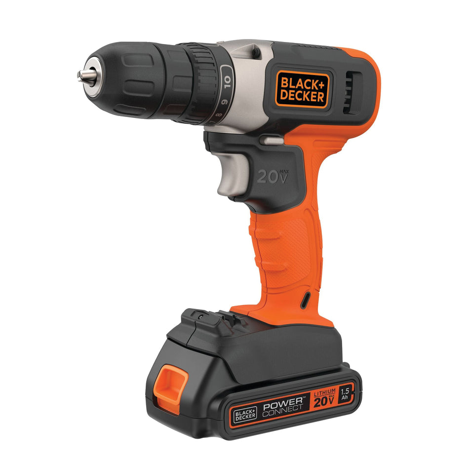 BLACK+DECKER® BCD702C1 Cordless Drill, Tool/Kit: Tool, 1/2 in Chuck, Keyless Chuck, 20 V, Lithium-Ion Battery, 1.5 Ah