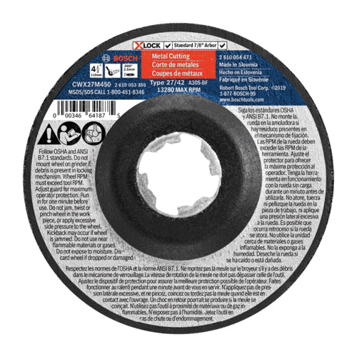 BOSCH X-LOCK® CWX27M450 Abrasive Wheel, Type 27A Wheel, 4-1/2 in Dia, 0.098 in Thick, 7/8 in Arbor, 30 Grit