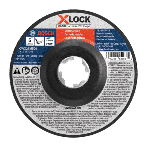 BOSCH X-LOCK® CWX27M500 Abrasive Wheel, Type 27A Wheel, 5 in Dia, 0.098 in Thick, 7/8 in Arbor, 30 Grit