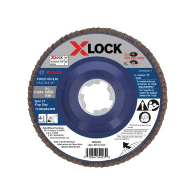 BOSCH X-LOCK® FDX27450120 Flap Disc, Type 27 Disc, 4-1/2 in Dia, 120 Grit, Zirconia Abrasive, Snap-On Attachment