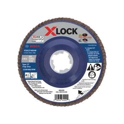 BOSCH X-LOCK® FDX2745040 Flap Disc, Type 27 Disc, 4-1/2 in Dia, 40 Grit, Zirconia Abrasive, Snap-On Attachment