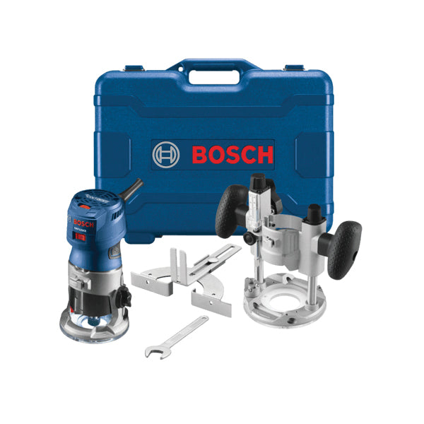 BOSCH GKF125CEPK Palm Router Combination Kit, Tool/Kit: Kit, 1-3/16 in D Base, 1/4 in Collet, 120 V, 1-1/4 hp