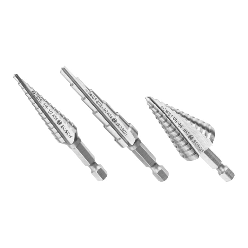 BOSCH IMSDC003 Turbo Step Drill Bit Set, 1/8 in Min Drill Bit, 7/8 in Max Drill Bit, 3 -Piece, HSS