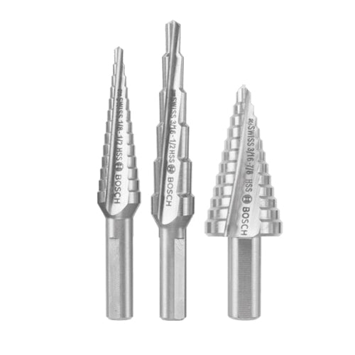 BOSCH SDC30 Turbo Step Drill Bit Set, 1/8 in Min Drill Bit, 7/8 in Max Drill Bit, 3 -Piece, HSS