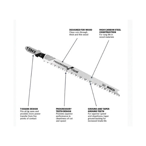 BOSCH Progressor® T234X3 Jig Saw Blade, 4-1/2 in L, Taper Ground Back Teeth, Accurate, Splinter-Free, Straight Cut