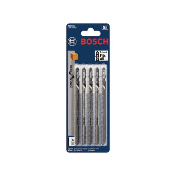 BOSCH T301DL Jig Saw Blade, 5-1/4 in L, Ground, Taper Ground Back Teeth, Straight Cut, 8 TPI TPI, T-Shank Shank