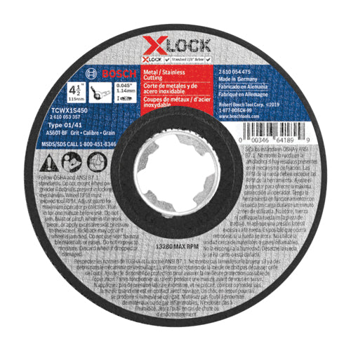 BOSCH X-LOCK® TCWX1S450 Abrasive Wheel, Type 1A Wheel, 4-1/2 in Dia, 0.045 in Thick, 7/8 in Arbor, 60 Grit