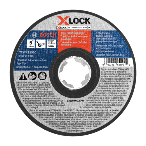 BOSCH X-LOCK® TCWX1S500 Abrasive Wheel, Type 1A Wheel, 5 in Dia, 0.045 in Thick, 7/8 in Arbor, 60 Grit