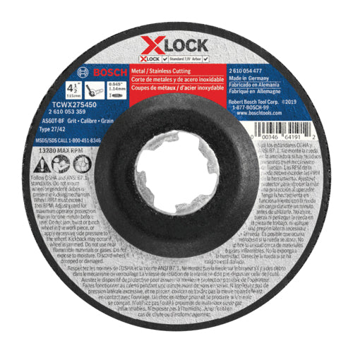 BOSCH X-LOCK® TCWX27S450 Abrasive Wheel, Type 27A Wheel, 4-1/2 in Dia, 0.045 in Thick, 7/8 in Arbor, 60 Grit