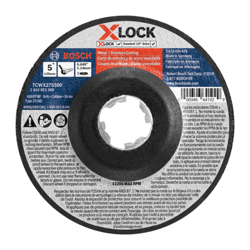 BOSCH X-LOCK® TCWX27S500 Abrasive Wheel, Type 27A Wheel, 5 in Dia, 0.045 in Thick, 7/8 in Arbor, 60 Grit