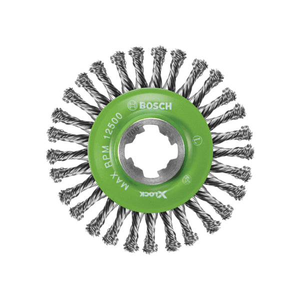 BOSCH X-LOCK® WBX409 Wire Wheel, 4-1/2 in Dia Brush, Stringer Bead Knotted Bristle, Stainless Steel Bristle