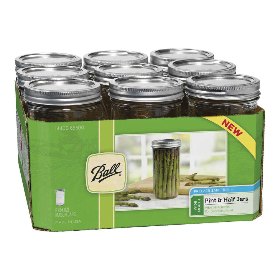 Ball® 1440065500 Mason Canning Jar, 1-1/2 pt Capacity, Wide Mouth Lid, Glass/Steel, Silver, Dishwasher Safe