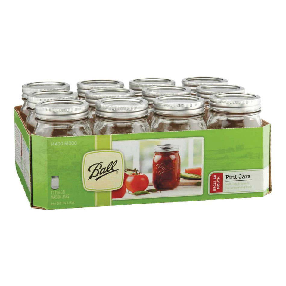 Ball® 61000 Mason Canning Jar, 1 pt Capacity, Round, Regular Mouth Lid, Glass