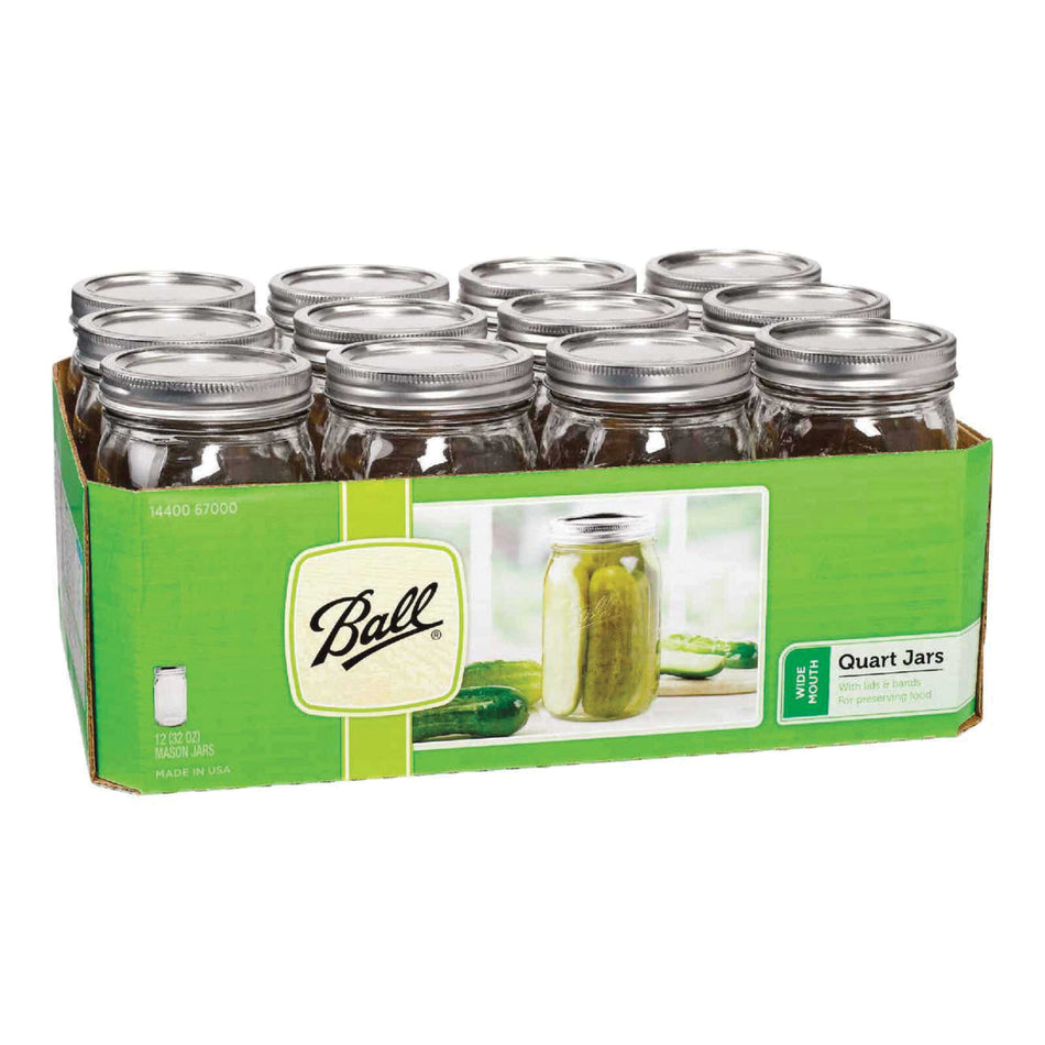 Ball® 67000 Mason Canning Jar, 1 qt Capacity, Round, Wide Mouth Lid, Glass, Dishwasher Safe