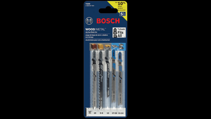 BOSCH T500 Jig Saw Blade Set, Cut Materials: Ferrous, Non-Ferrous Metals, Wood, 5-Piece