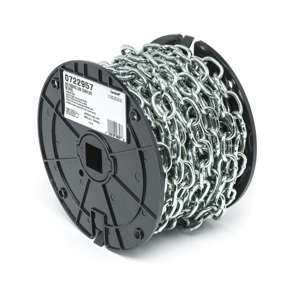 CAMPBELL® 0722957 Passing Link Chain, #2/0 Trade, 50 ft L, 450 lb Load, Low Carbon Steel, Zinc-Plated