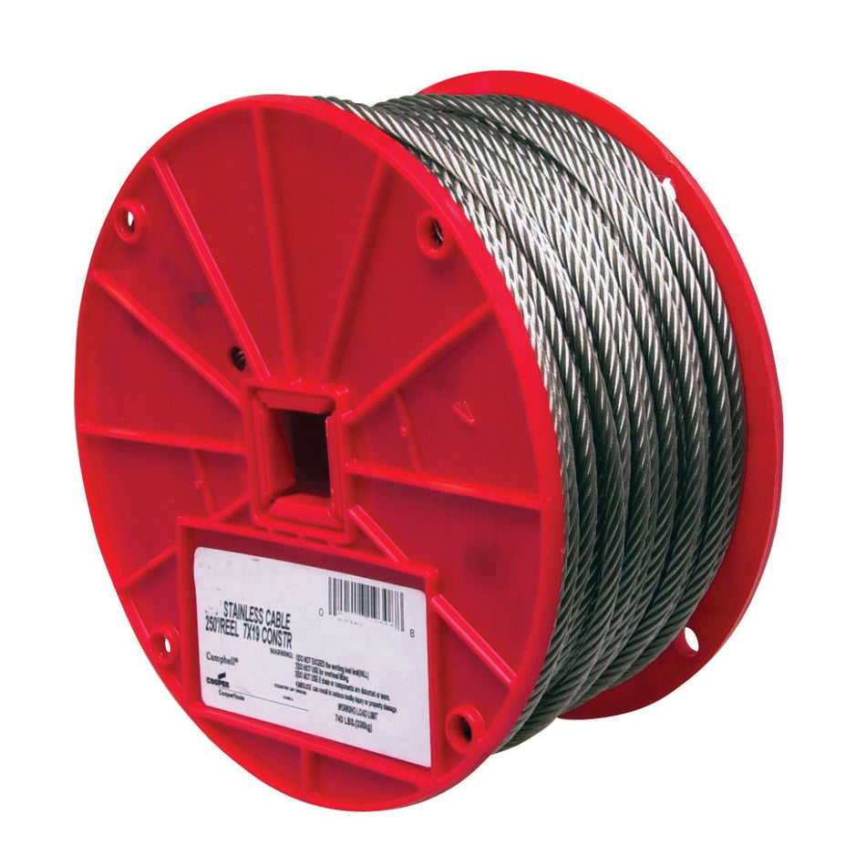 CAMPBELL® 7000626 Cable, 3/16 in Dia, 250 ft L, 740 lb Load, 304 Stainless Steel