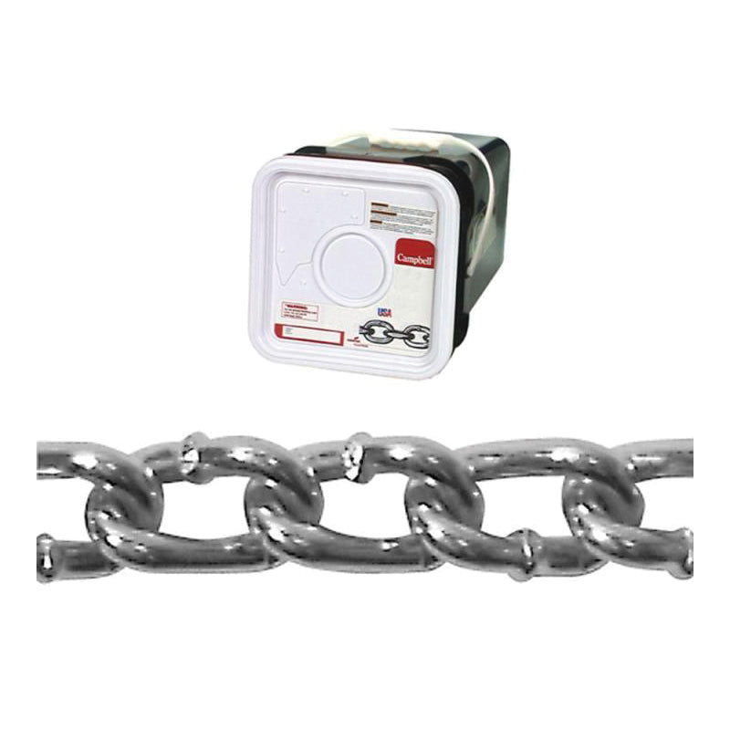 CAMPBELL® T0322026 Twist Link Machine Chain, 2/0 AWG Trade, 175 ft L, 520 lb Load, Low Carbon Steel, Zinc-Plated