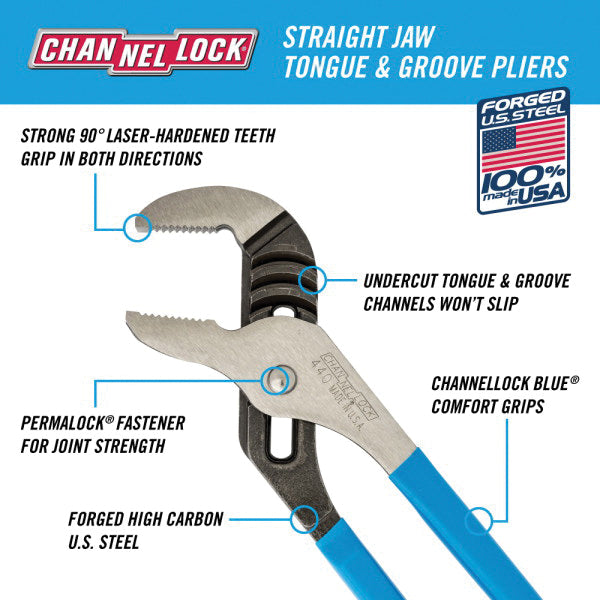 CHANNELLOCK® 440 Tongue and Groove Plier, 12 in OAL, 2-1/4 in Cutting Capacity, 1/2 in W Jaw, 1-1/2 in L Jaw