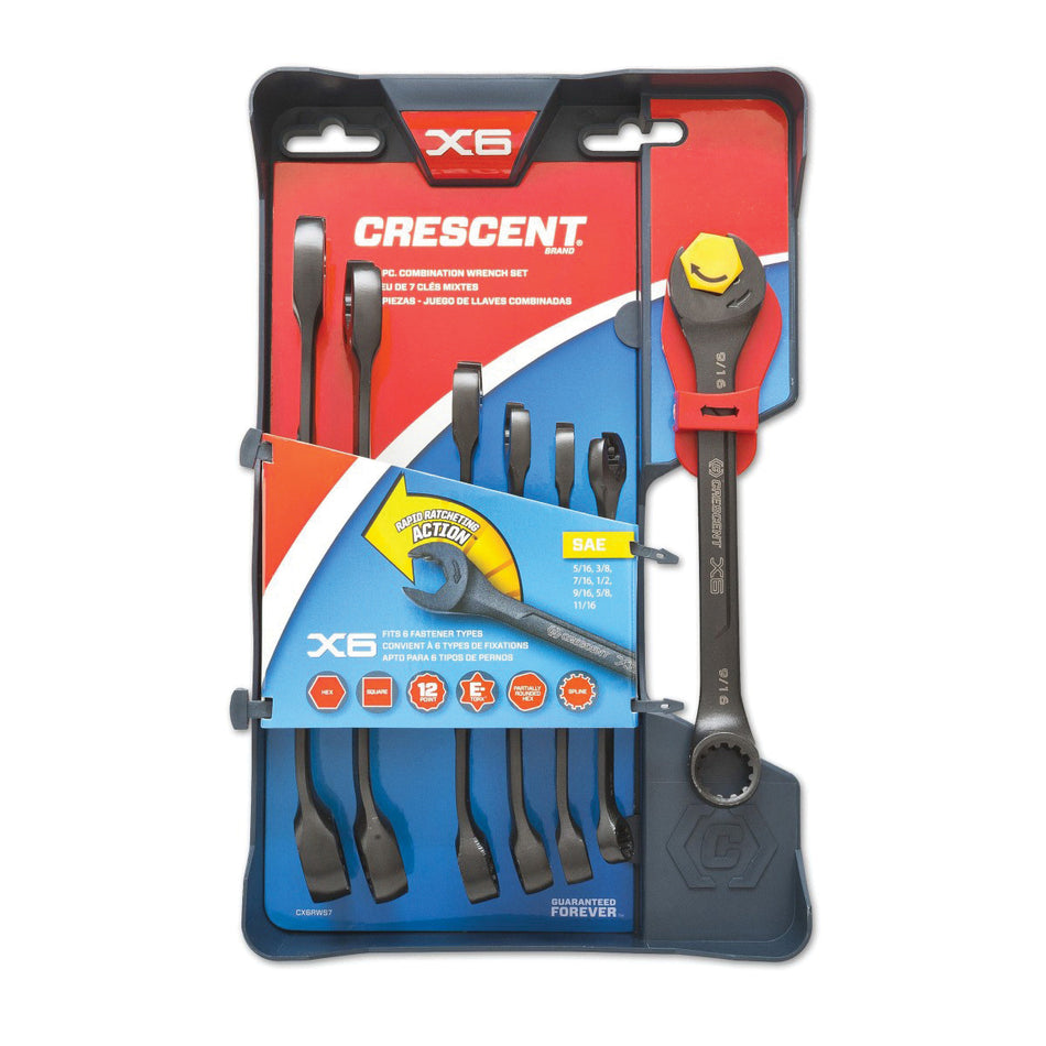 CRESCENT® CX6RWS7 Ratcheting Combination Wrench Set, 5/16 to 11/16 in, System of Measurement: Imperial, 7 -Piece