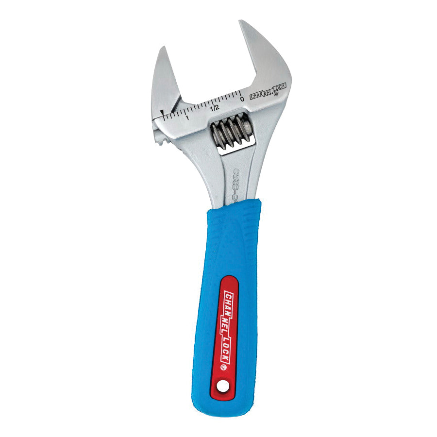 CHANNELLOCK® WideAzz® Code Blue® 6WCB Adjustable Wrench, 6 in OAL, 1.34 in Jaw, Comfort Grip, Polished Chrome Jaw