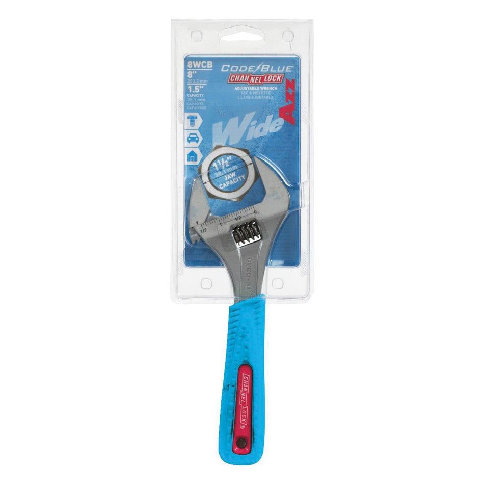 CHANNELLOCK® WideAzz® Code Blue® 8WCB Adjustable Wrench, 8 in OAL, 1-1/2 in Jaw, Cushion, Comfort Grip, Steel Jaw