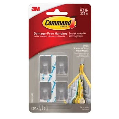 Command™ 17031SS-4ES Small Hook, 0.5 lb Weight, Metal Hook, Stainless Steel Base, 3/4 in W Base