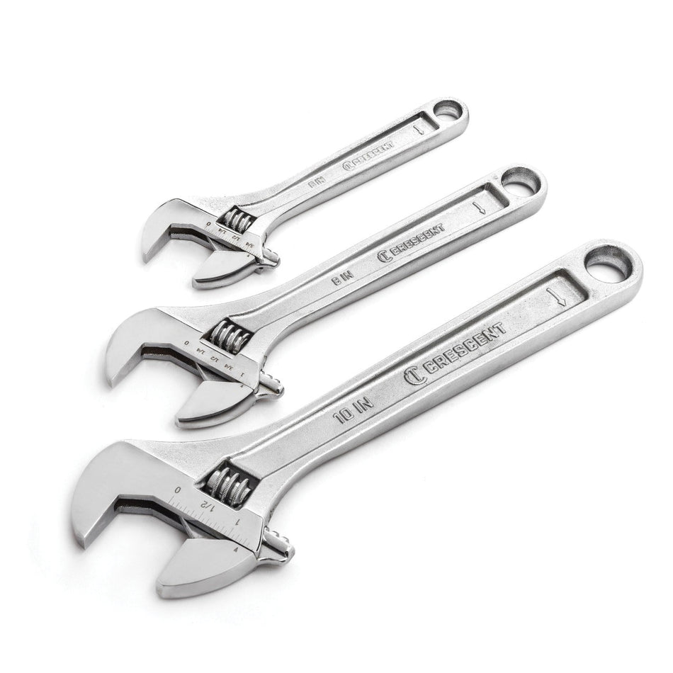 CRESCENT® AC3PC Adjustable Wrench Set, System of Measurement: Imperial, Metric, 3 -Piece, Alloy Steel, Satin Chrome