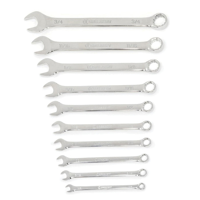 CRESCENT® CCWS2-05 Combination Wrench Set, System of Measurement: Imperial, 10 -Piece, Alloy Steel, Polished Chrome