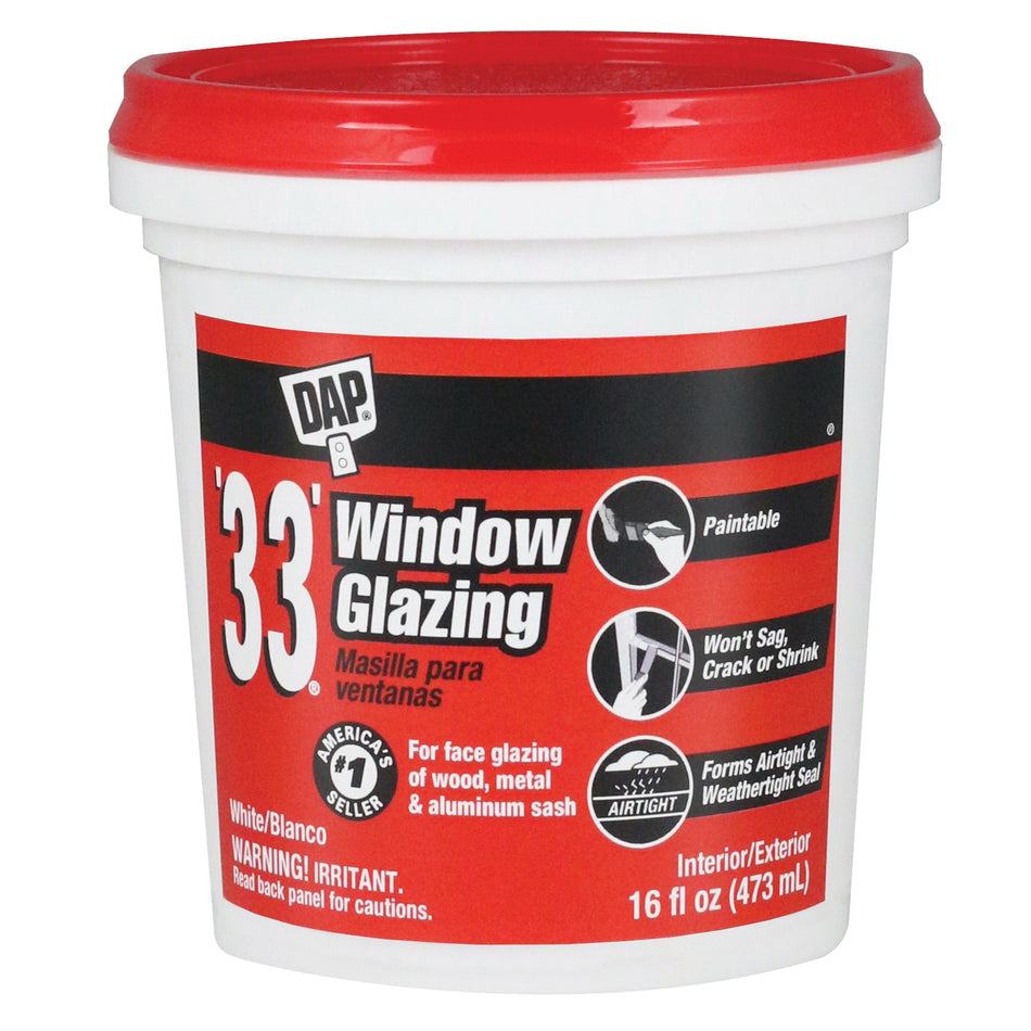 DAP® 33® 12121 Window Glazing Compound, Paste, White, Slight, 16 fl-oz