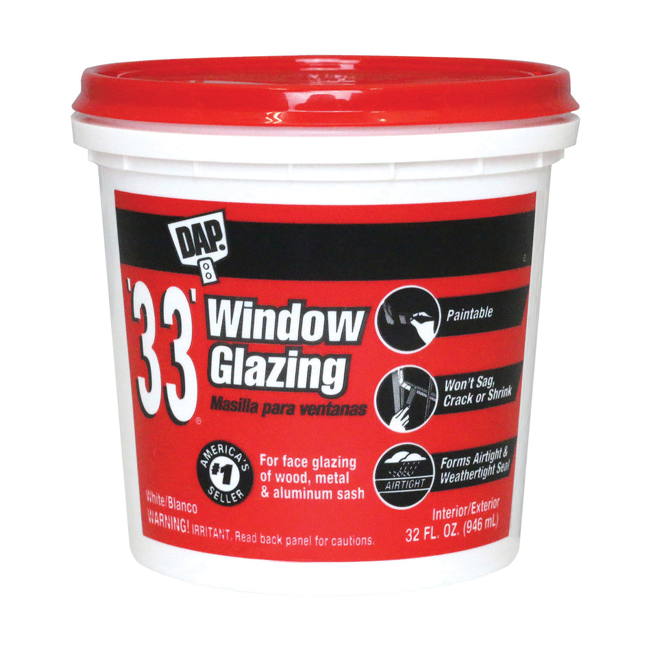 DAP® 33® 12122 Window Glazing Compound, Paste, White, Slight, 32 fl-oz