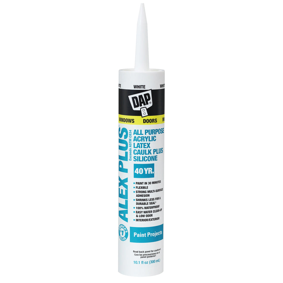 DAP® ALEX PLUS® 18101 All-Purpose Caulk, Paste, White, Very Slight Ammonia, 24 hr Curing, 10.1 fl-oz, Cartridge