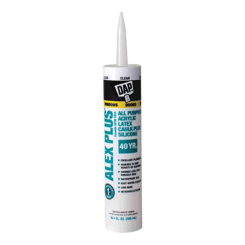 DAP® ALEX PLUS® 18156 Caulk, Clear, Low, Acrylic Latex Base, 7 to 10 days Curing, 10.1 oz, Cartridge