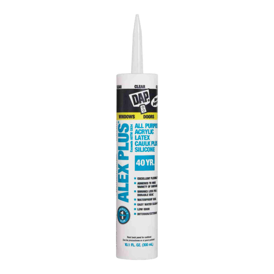 DAP® ALEX PLUS® 18156 Caulk, Clear, Low, Acrylic Latex Base, 7 to 10 days Curing, 10.1 oz, Cartridge