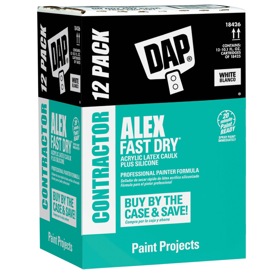 DAP® Alex Fast Dry® 18425 Sealant, Paste, White to Off-White, Very Slight Ammonia, Acrylic Polymer Base, 24 hr Curing