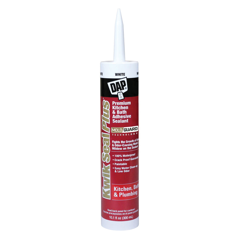 DAP® KWIK SEAL PLUS® 18510 Kitchen and Bath Adhesive Sealant, Paste, White, Very Slight Ammonia, Acrylic Copolymer Base