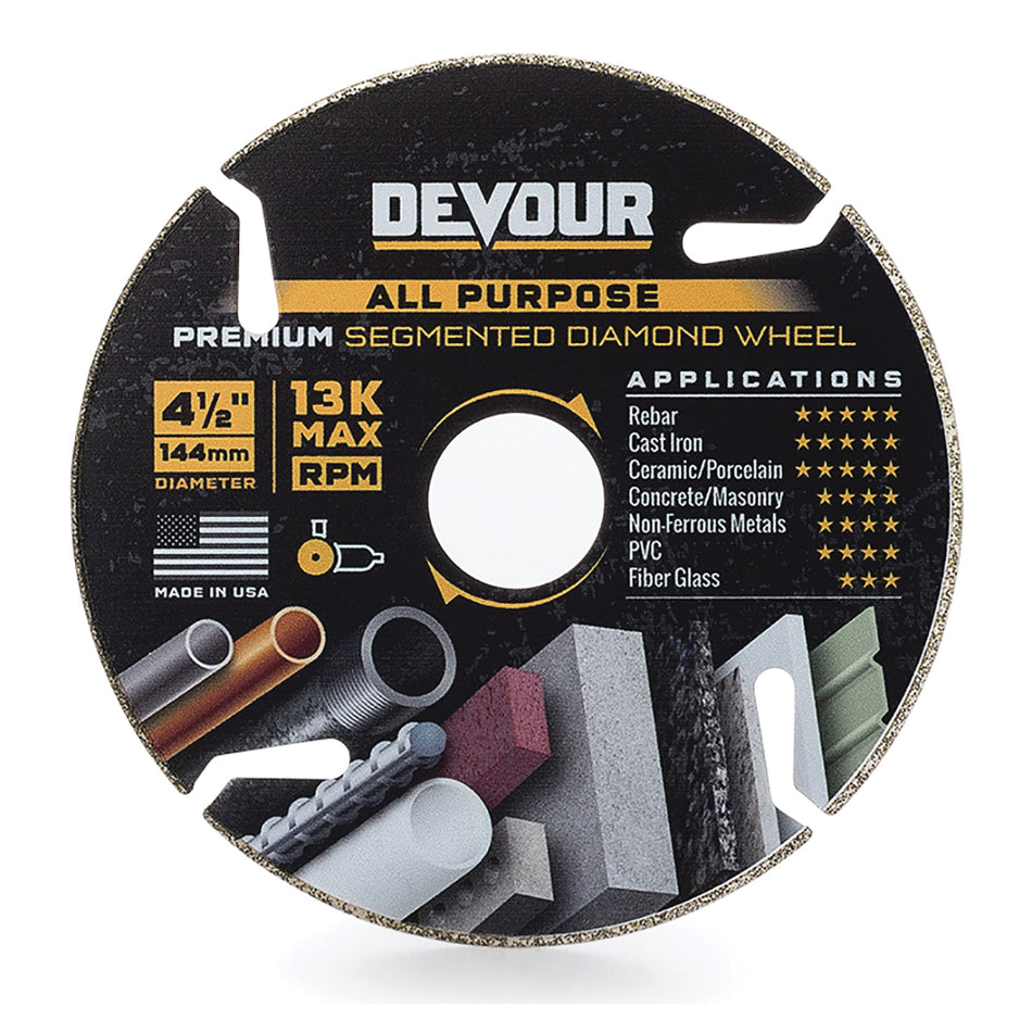 DEVOUR™ NT045AP All-Purpose Blade, 4-1/2 in Dia, Segmented Rim, Diamond Cutting Edge, Diamond Blade