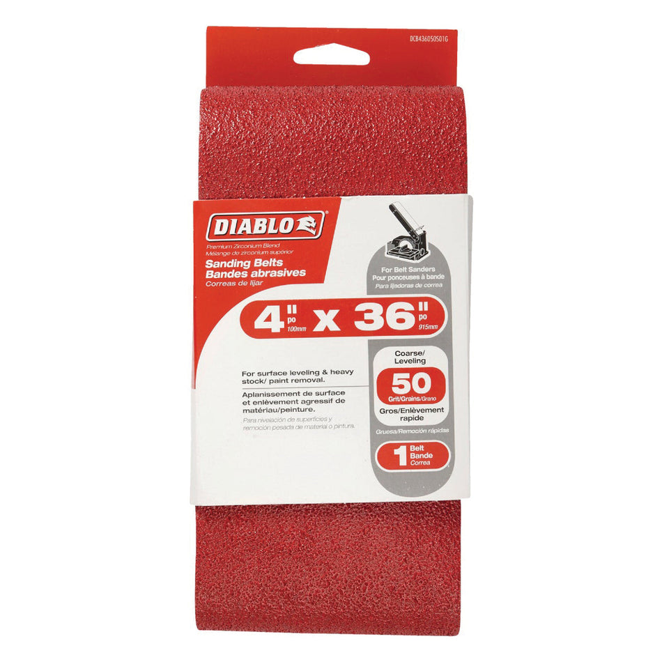 DIABLO® DCB436050S01G Sanding Belt, 4 in W, 36 in L, 50 Grit, Coarse Grit, Zirconia Abrasive, Cloth Backing